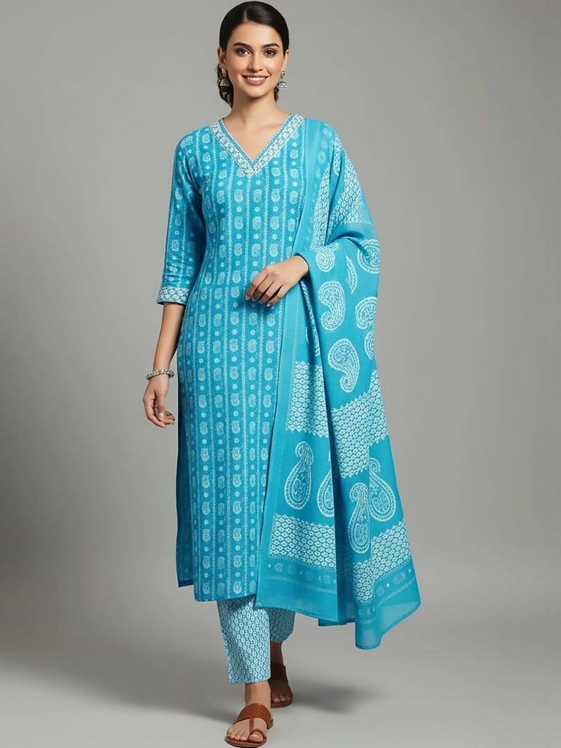 smart women printed kurta with trousers with dupatta