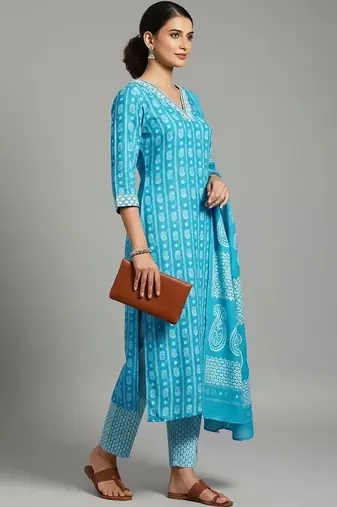 smart women printed kurta with trousers with dupatta