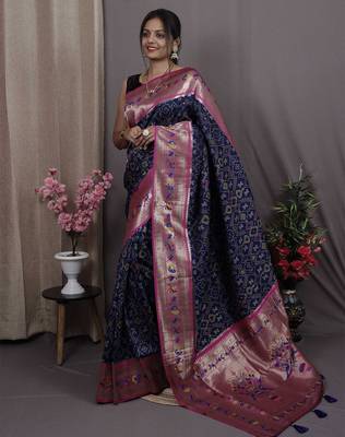 navy_blue navy blue & pink woven design zari silk blend banarasi patola saree 1