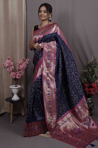 navy_blue navy blue & pink woven design zari silk blend banarasi patola saree
