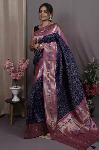 navy_blue navy blue & pink woven design zari silk blend banarasi patola saree