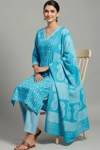 smart women printed kurta with trousers with dupatta