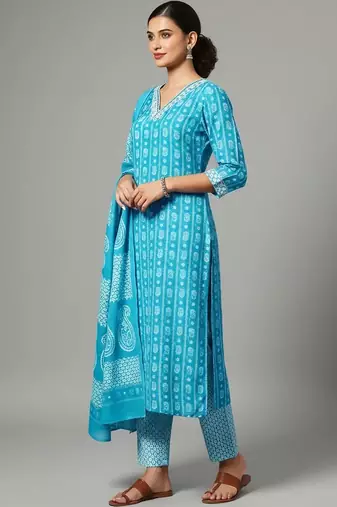 smart women printed kurta with trousers with dupatta