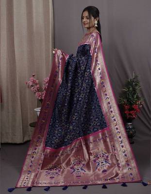 navy_blue navy blue & pink woven design zari silk blend banarasi patola saree 2