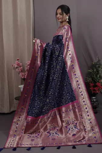 navy_blue navy blue & pink woven design zari silk blend banarasi patola saree