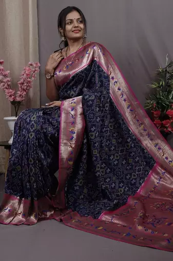 navy_blue navy blue & pink woven design zari silk blend banarasi patola saree