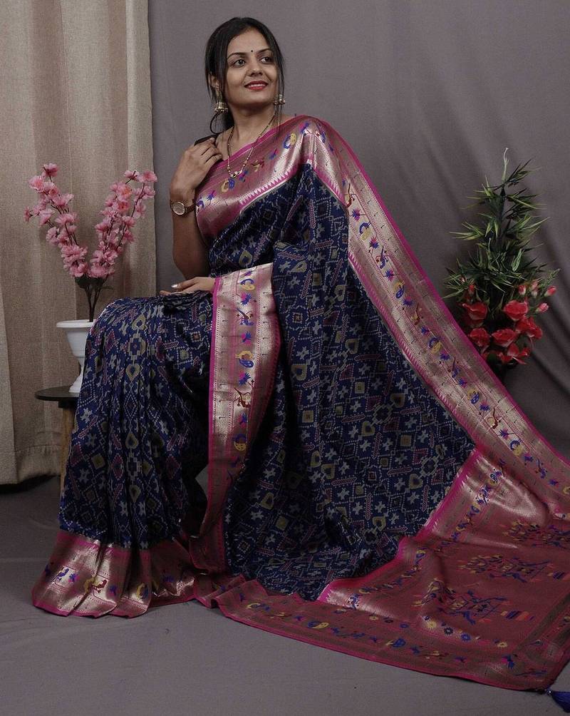 navy_blue navy blue & pink woven design zari silk blend banarasi patola saree