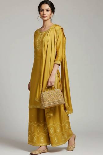 workwear women embroidered kurta with palazzos with dupatta