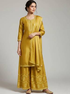 workwear women embroidered kurta with palazzos with dupatta 2