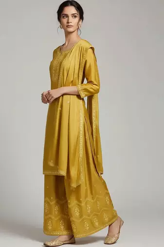 workwear women embroidered kurta with palazzos with dupatta