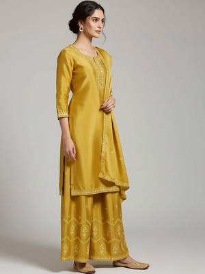 workwear women embroidered kurta with palazzos with dupatta 4