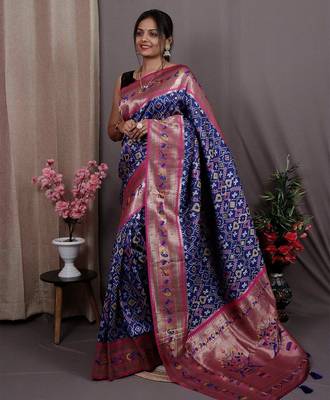 blue blue & pink woven design zari silk blend patola saree 1