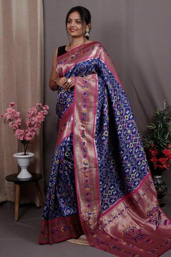 blue blue & pink woven design zari silk blend patola saree