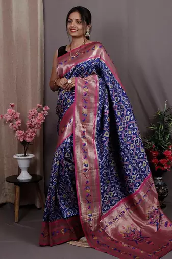 blue blue & pink woven design zari silk blend patola saree