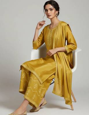 workwear women embroidered kurta with palazzos with dupatta 5