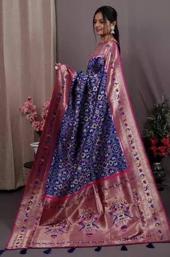 blue blue & pink woven design zari silk blend patola saree