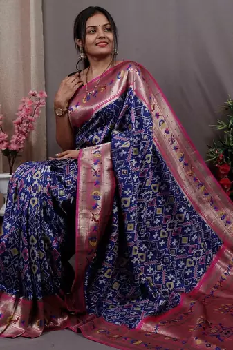 blue blue & pink woven design zari silk blend patola saree