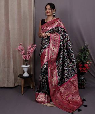 black black & pink ethnic motifs woven design zari patola saree 1