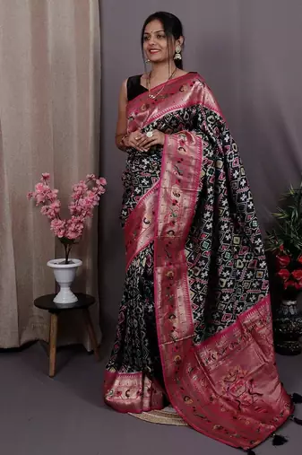 black black & pink ethnic motifs woven design zari patola saree