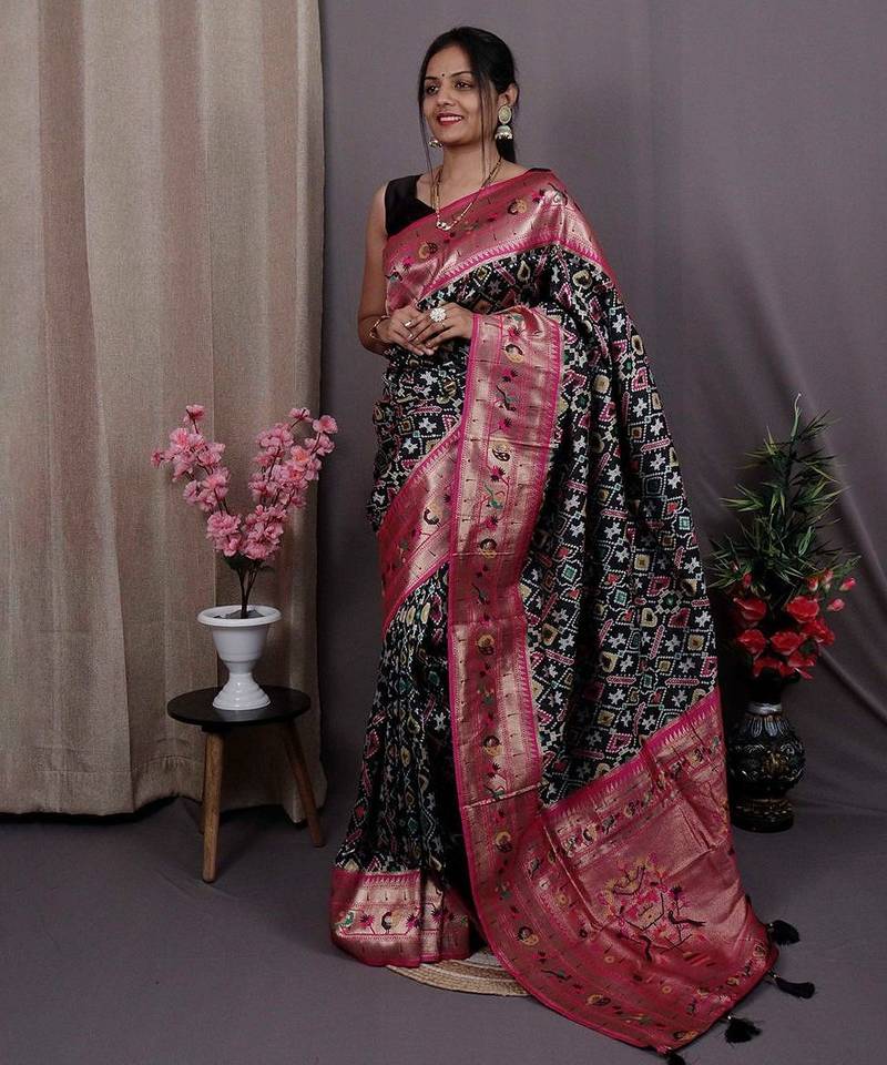 black black & pink ethnic motifs woven design zari patola saree