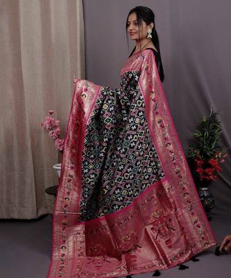 black black & pink ethnic motifs woven design zari patola saree 2