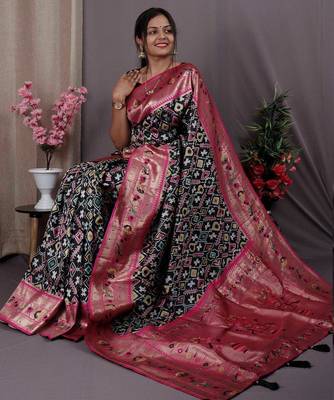 black black & pink ethnic motifs woven design zari patola saree 3