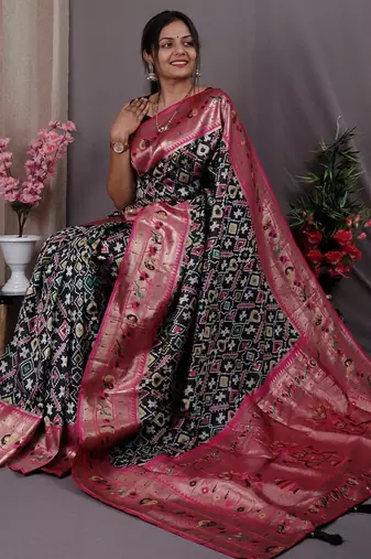 black black & pink ethnic motifs woven design zari patola saree