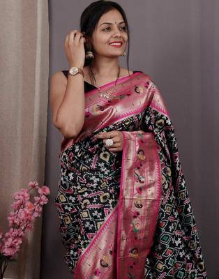 black black & pink ethnic motifs woven design zari patola saree 4