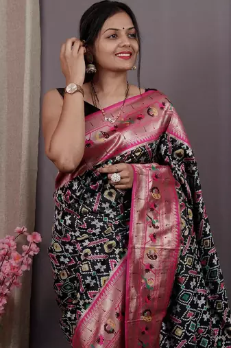 black black & pink ethnic motifs woven design zari patola saree