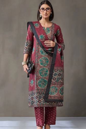 tailored women printed kurta with trousers with dupatta