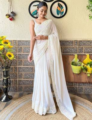 off_white embellished sequinned poly georgette saree 1
