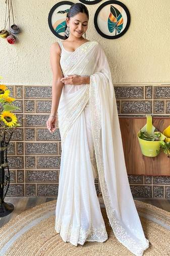 off_white embellished sequinned poly georgette saree