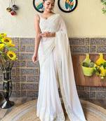 off_white embellished sequinned poly georgette saree