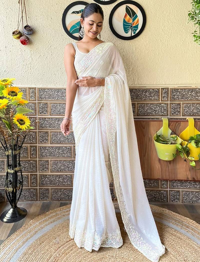 off_white embellished sequinned poly georgette saree