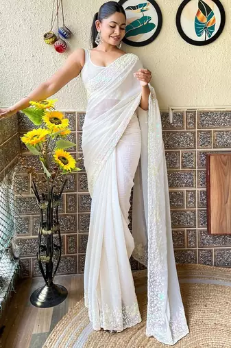 off_white embellished sequinned poly georgette saree