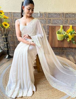 off_white embellished sequinned poly georgette saree 3
