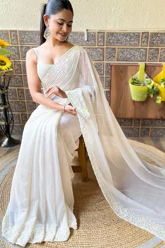 off_white embellished sequinned poly georgette saree