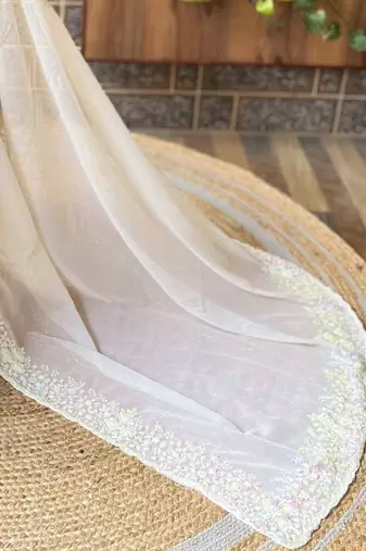 off_white embellished sequinned poly georgette saree
