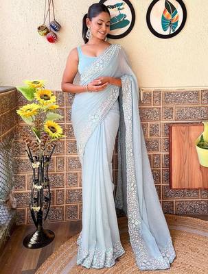 blue embellished sequinned poly georgette saree 1