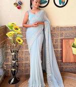 blue embellished sequinned poly georgette saree