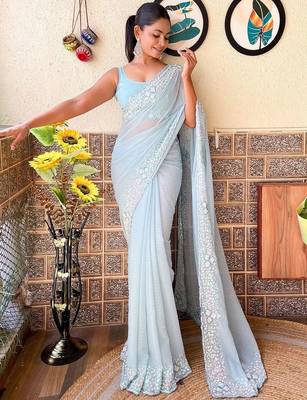 blue embellished sequinned poly georgette saree 2