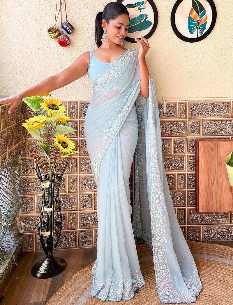 blue embellished sequinned poly georgette saree