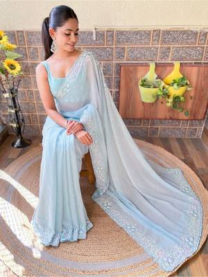 blue embellished sequinned poly georgette saree 3