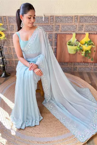 blue embellished sequinned poly georgette saree