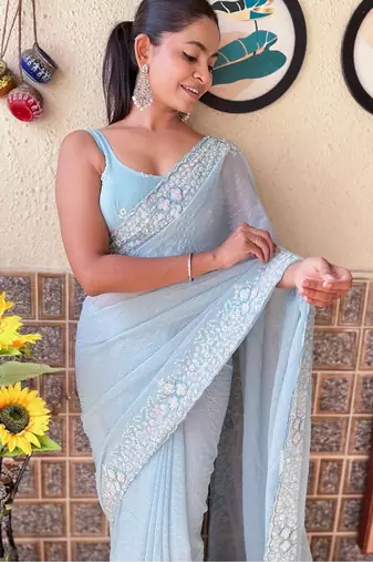 blue embellished sequinned poly georgette saree