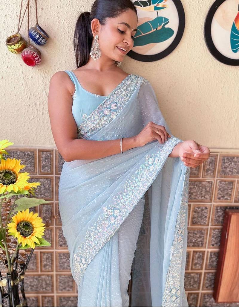 blue embellished sequinned poly georgette saree
