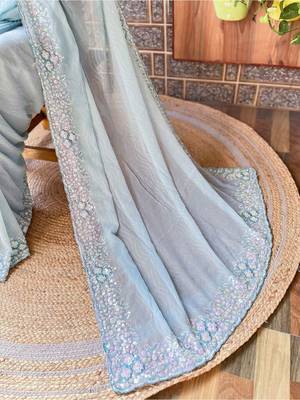 blue embellished sequinned poly georgette saree 5