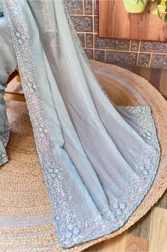 blue embellished sequinned poly georgette saree