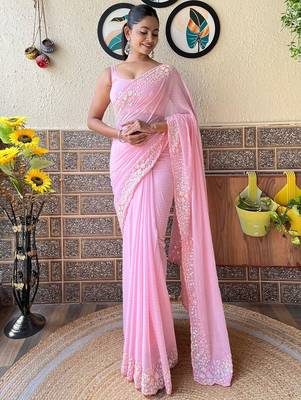 pink embellished sequinned pure georgette saree 1