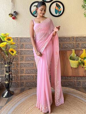 pink embellished sequinned pure georgette saree 2
